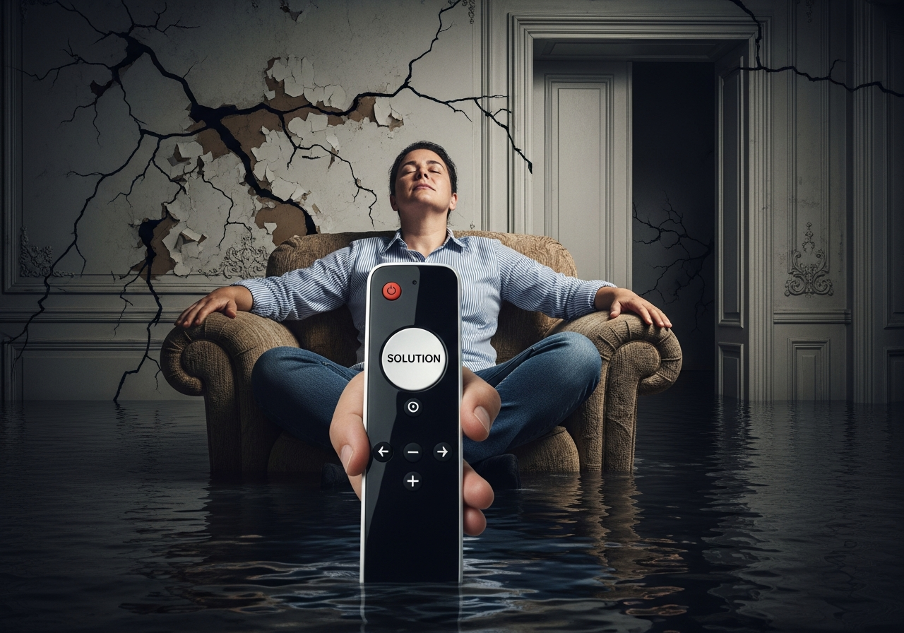 A person sitting comfortably on a plush, oversized armchair, eyes closed, with a blissful expression. Around them, the room is slowly filling with murky, rising water, and cracks are appearing on the walls. The person holds a remote control that has only one button labeled "Solution" which, when pressed, only produces a soft, calming hum. They remain oblivious to the encroaching disaster.
