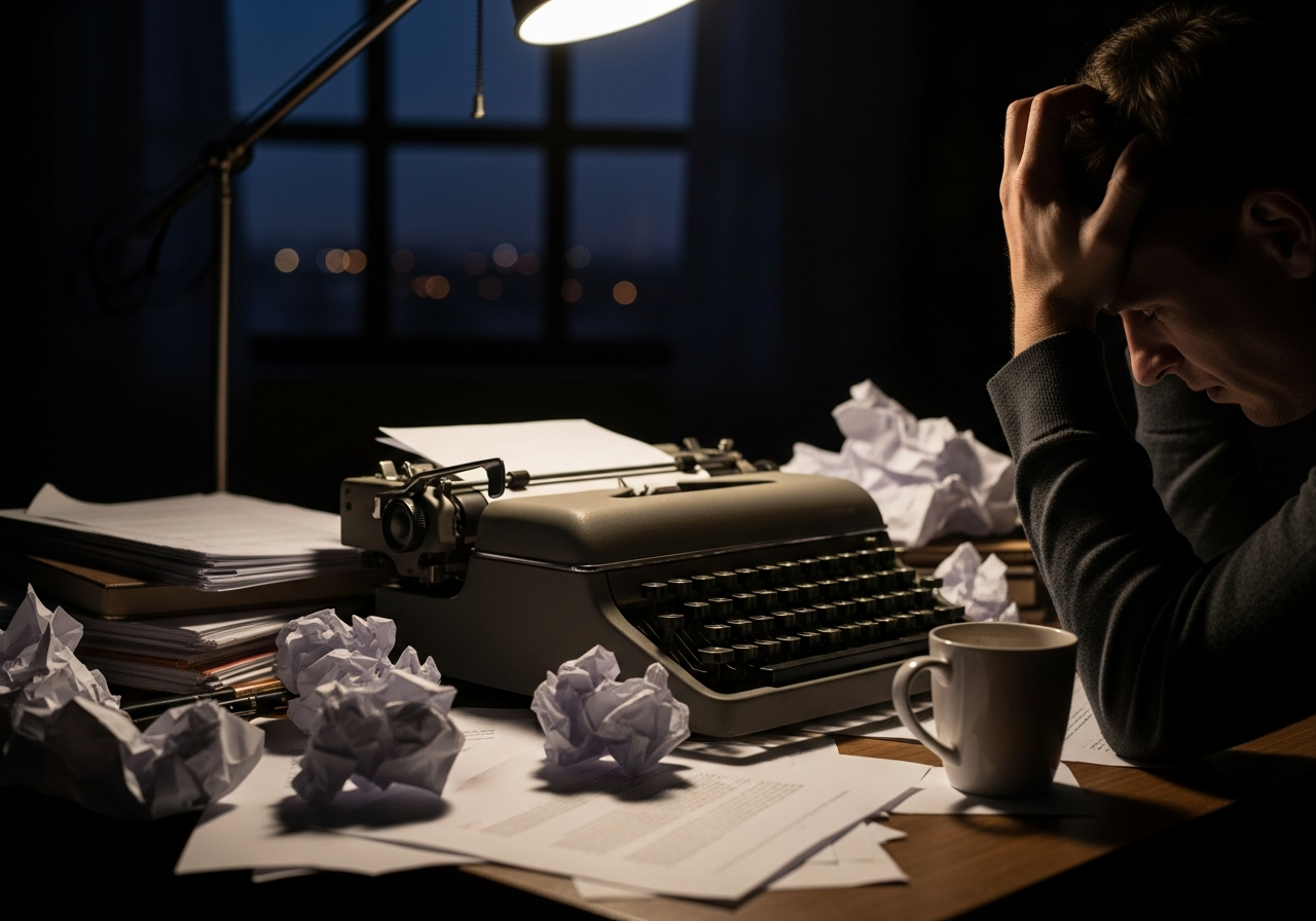 A cluttered desk with a half-empty coffee mug, crumpled papers, and an old typewriter. A hand is paused over the keys, not typing, but rather scratching the head in frustration. The room is dimly lit, suggesting late-night contemplation and a sense of being overwhelmed by complex thoughts. There’s a faint reflection of city lights outside a window.