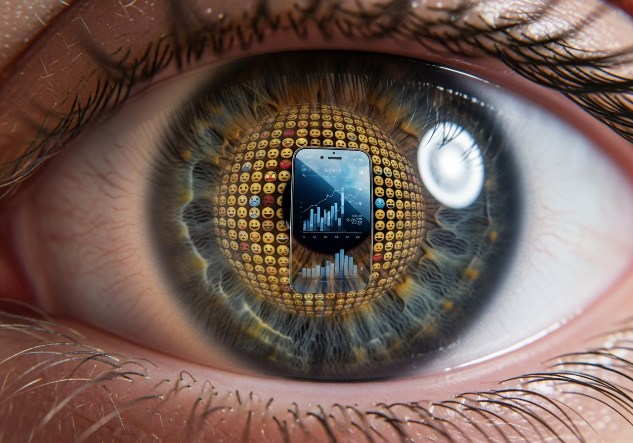 A close-up shot of a human eye reflecting the distorted image of a smartphone screen displaying various emojis and data points, symbolizing emotional tracking.