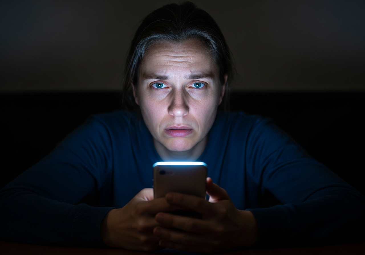 A person sitting alone in a dimly lit room, illuminated only by the glow of a smartphone. Their face shows a mixture of fatigue and subtle frustration, reflecting a complex emotional state while interacting with the device.