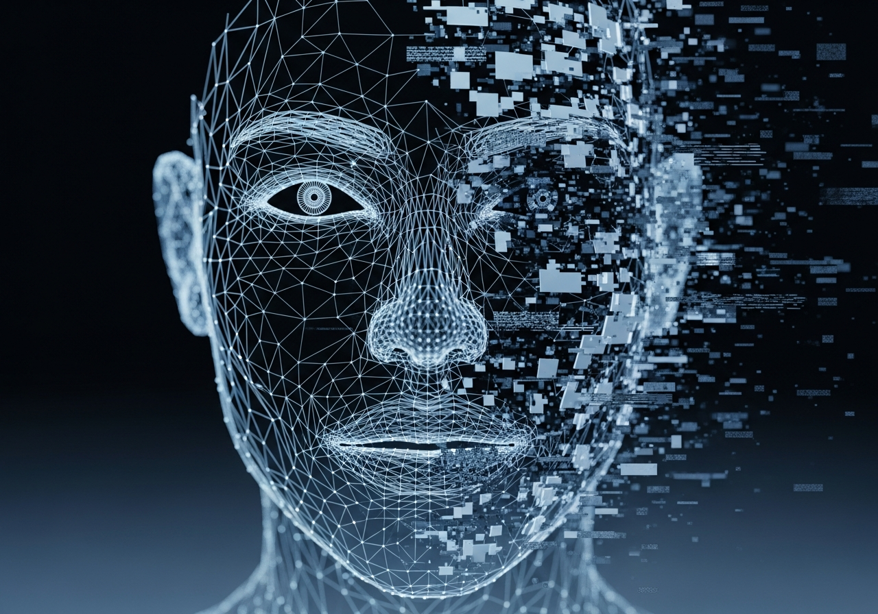 A fragmented human face made of geometric data points and lines, with some parts glitching, symbolizing the digital breakdown and commodification of human emotion.