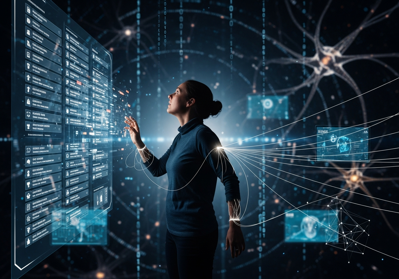 A surreal painting of a person looking at a vast, glowing menu, but behind them, invisible strings are subtly pulling their limbs, connected to unseen digital screens and algorithms.