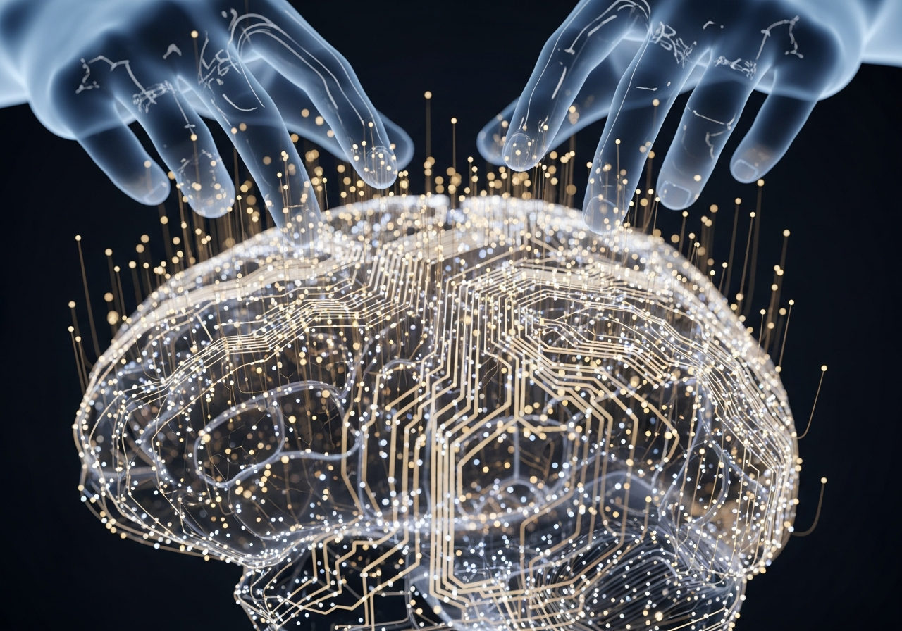 A person's brain represented as a complex circuit board, with tiny, glowing wires and nodes constantly being rerouted by unseen, translucent hands representing algorithms.