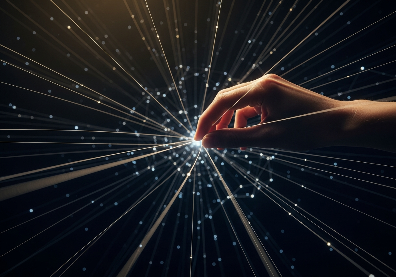 A lone human hand gently tugging at a single strand of a vast, intricate, glowing web that stretches across a dark void, with countless other strands disappearing into the distance.