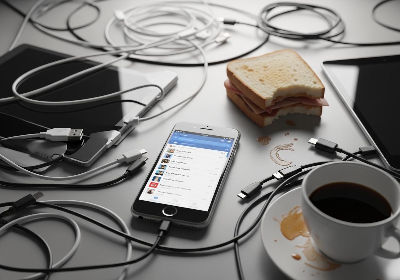 A cluttered desk full of old and new electronic gadgets – a vintage smartphone, a modern tablet, tangled charging cables, a half-eaten sandwich, and a forgotten cup of coffee. The screen of the old phone shows an early 2010s social media interface.