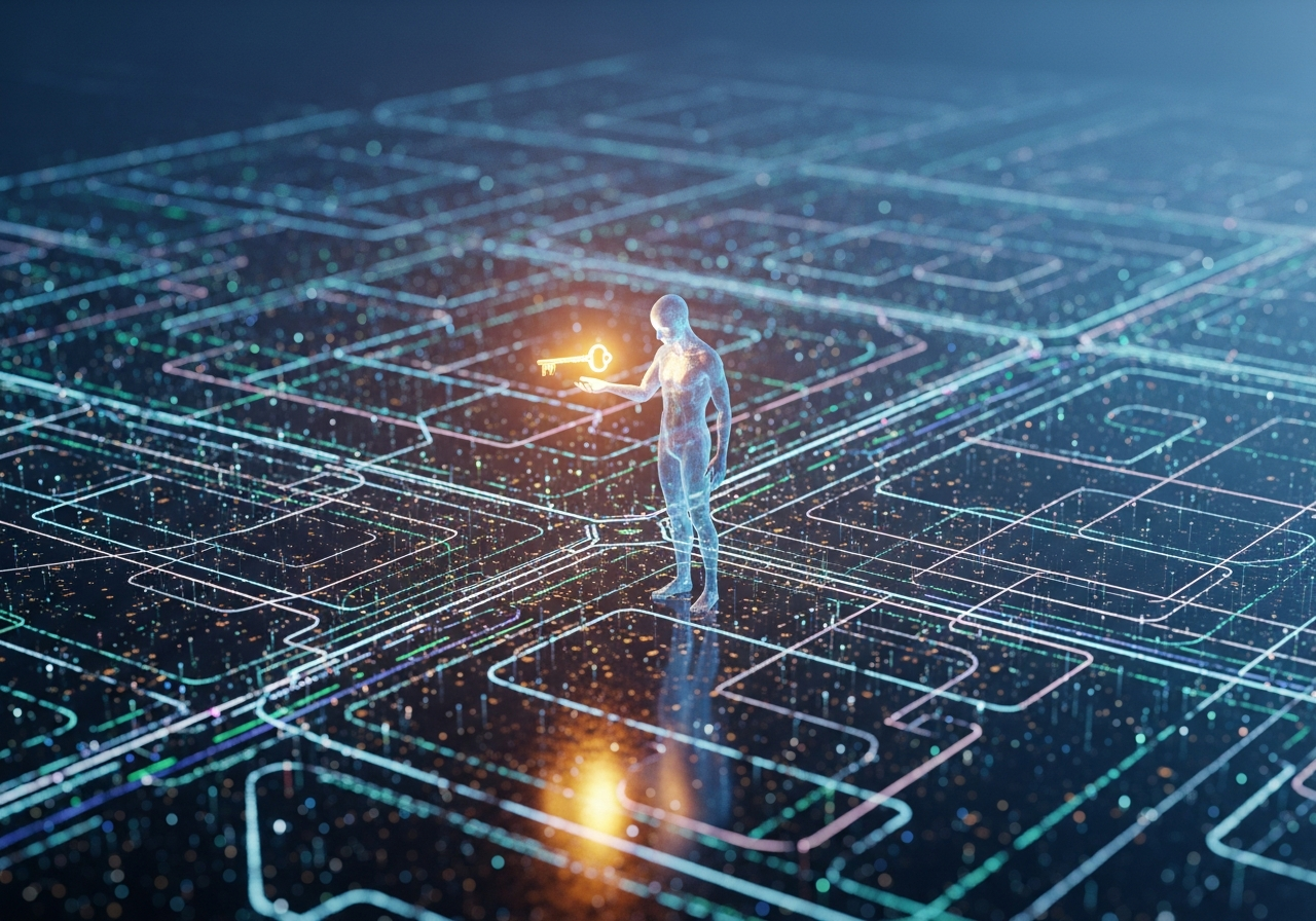 A digital labyrinth with glowing lines representing data paths, converging and diverging, some leading to dead ends. In the center, a ghostly, transparent human silhouette holds a glowing key, looking lost.