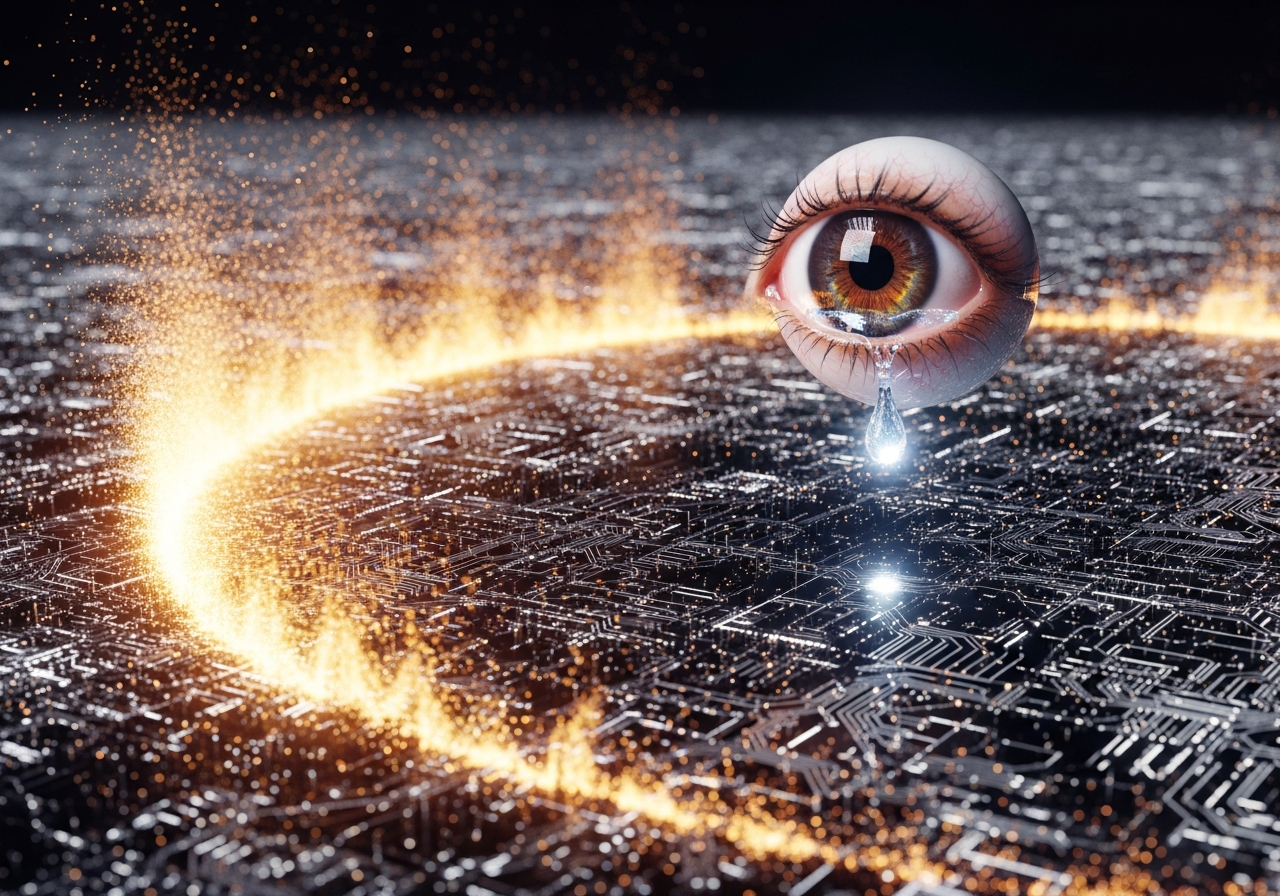A digital landscape resembling circuit boards and binary code, slowly being consumed by a stylized, gentle flame, turning into dust. A single, pixelated tear falls from a virtual eye.