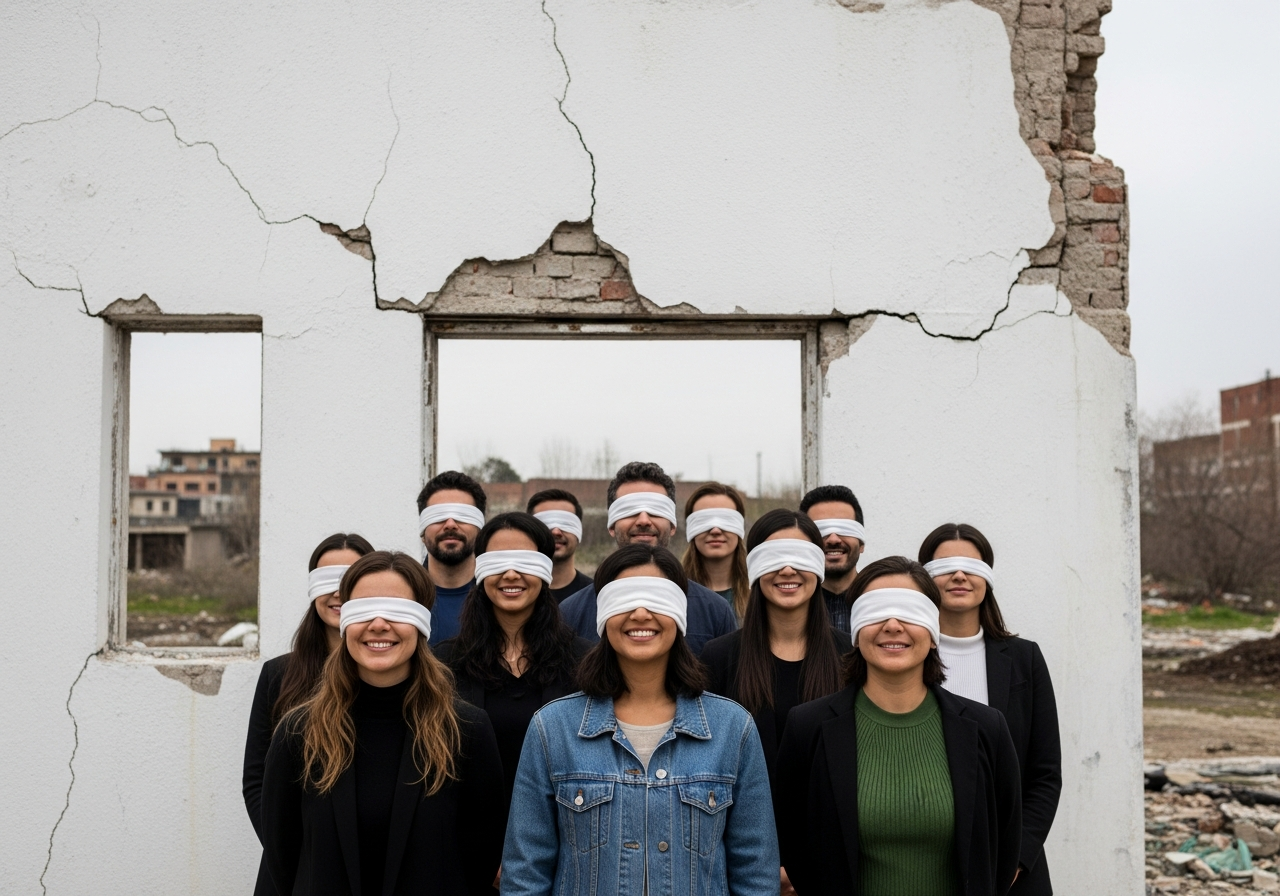 A surreal painting depicting people wearing blindfolds and smiling, standing in front of a crumbling facade that's painted to look pristine, with cracks showing underneath. The background is a blurry, slightly unsettling urban landscape.