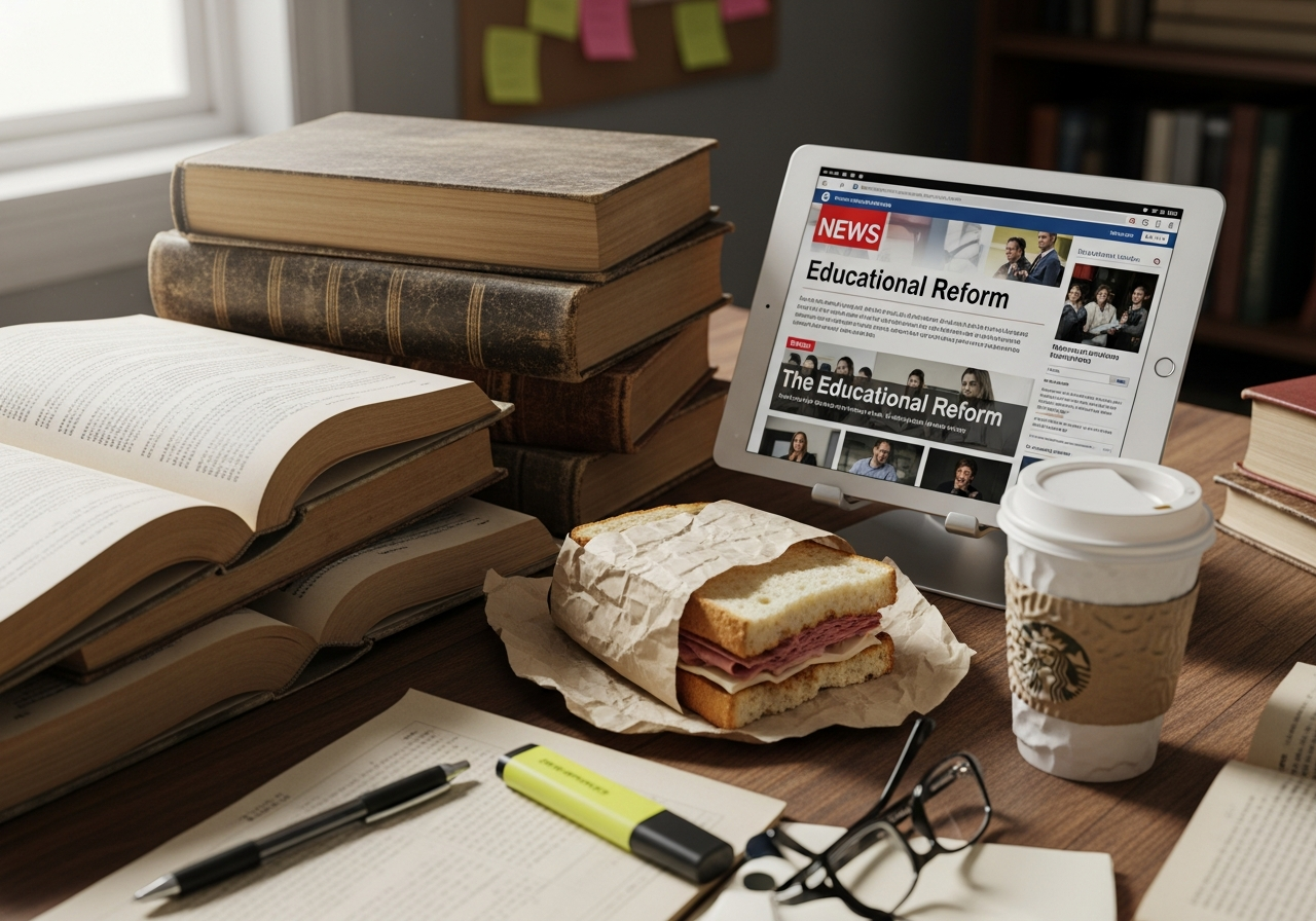 A cluttered desk with old, dusty textbooks piled next to a modern tablet displaying news headlines about educational reform. A half-eaten sandwich and a crumpled coffee cup are also on the desk, symbolizing hurried, superficial efforts.