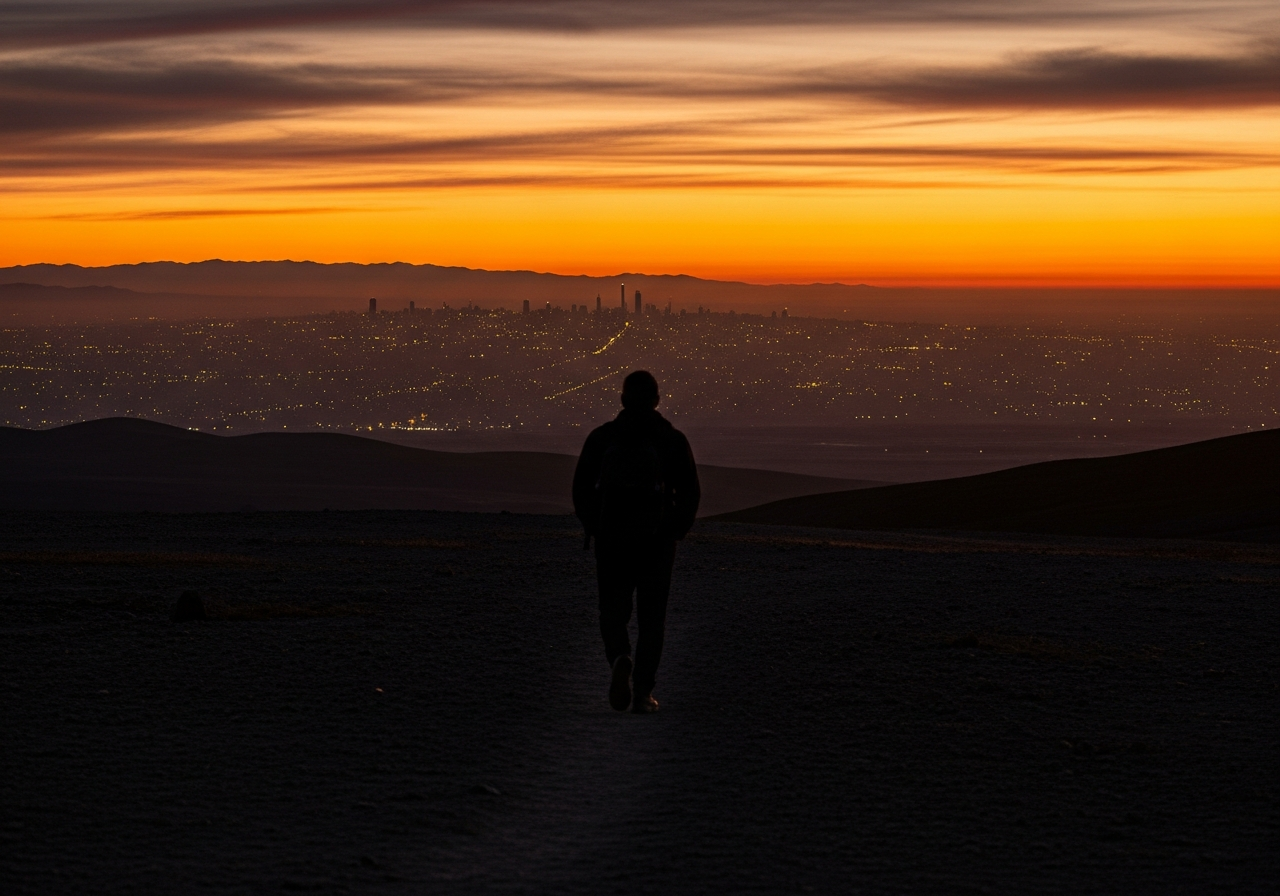 A solitary figure, silhouetted against a setting sun, walks away from a bustling city towards a desolate, silent landscape. The city lights appear distant and almost menacing.