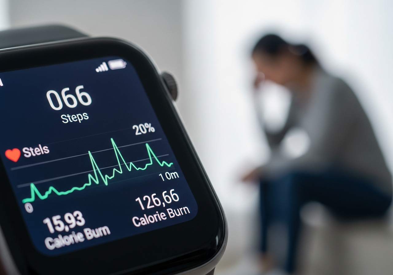 A close-up shot of a smartwatch screen displaying various health metrics like steps, heart rate, and calories burned, with a blurred background of a person looking stressed.