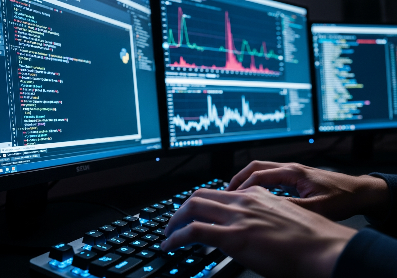A person's hand typing rapidly on a keyboard, with multiple monitors displaying lines of code and data, reflecting a busy, somewhat frantic work environment.