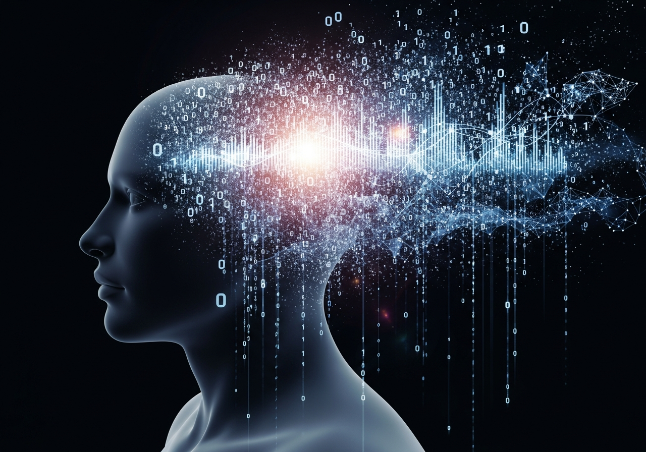 A surreal depiction of a person's head dissolving into a cascade of numbers and graphs, suggesting the overwhelming nature of data and metrics.