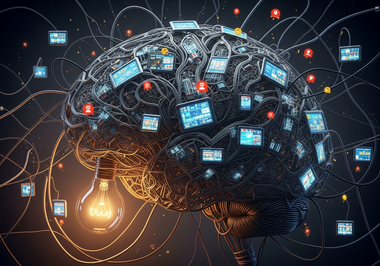 A person's brain, represented as a tangled mess of wires and flickering screens, overwhelmed by notifications and headlines, struggling to focus on a single, dim light bulb representing deep thought.