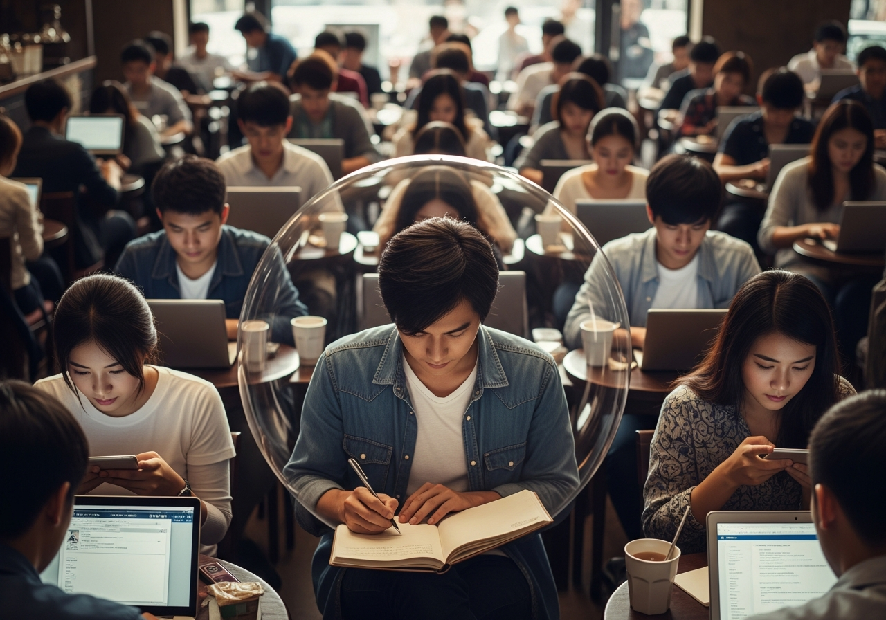 A crowded coffee shop with people on laptops and phones, but in the center, a single person with an old-fashioned notebook and pen, completely absorbed in writing, a serene bubble around them.
