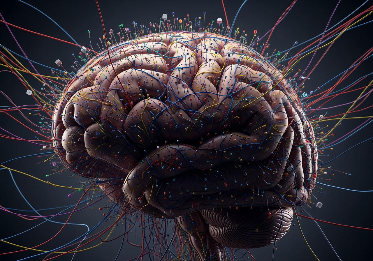 A human brain with numerous small, brightly colored wires plugged into it, each representing a different notification or news headline, creating a chaotic and overwhelming visual.