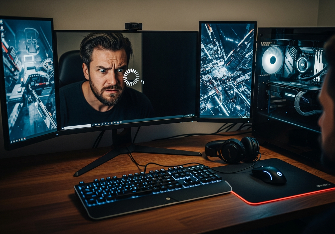 A frustrated man with disheveled hair staring intently at a high-end gaming PC setup, his reflection in the monitor showing a tiny, slow-loading cursor.