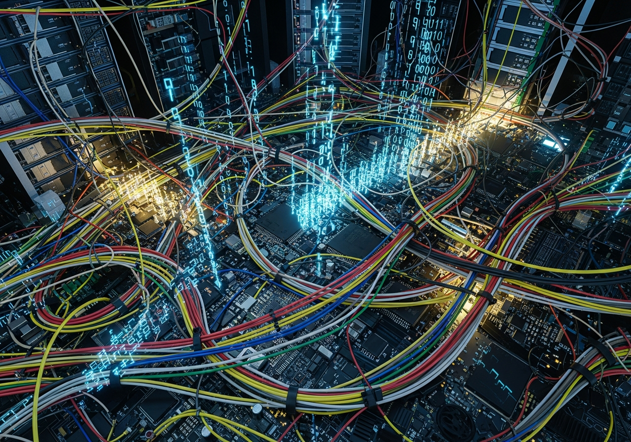 A chaotic abstract representation of intertwined computer code and hardware, with various wires and data streams tangling around each other, creating a sense of inefficiency.