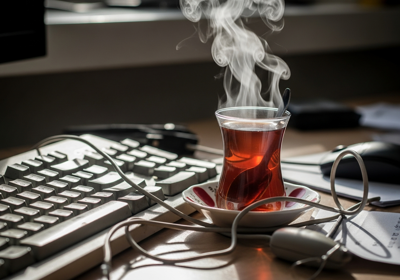 A steaming cup of Turkish tea on a messy desk with an old, worn-out keyboard and a tangled mouse cable, suggesting a break from frustration.