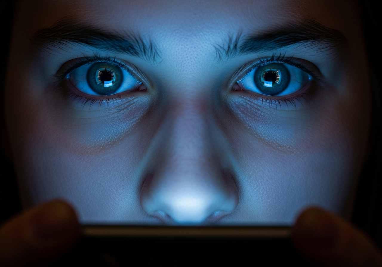 A close-up, slightly distorted image of a person's face bathed in the blue light of a smartphone screen, eyes wide with a mix of fascination and fatigue, reflecting endless scrolling content.