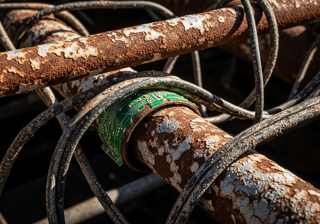 A close-up, highly detailed shot of severely rusted metal pipes and wires, with faint, almost ghostly green circuit board traces visible beneath the rust, suggesting a blend of industrial decay and digital infrastructure.