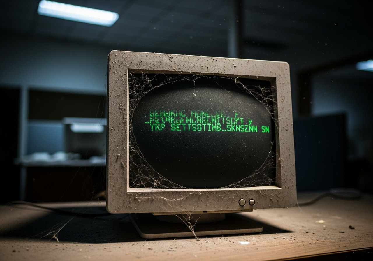 A single, ancient CRT monitor displaying distorted, pixelated green text against a black background, with visible dust and cobwebs on its casing. The screen flickers, hinting at imminent failure.