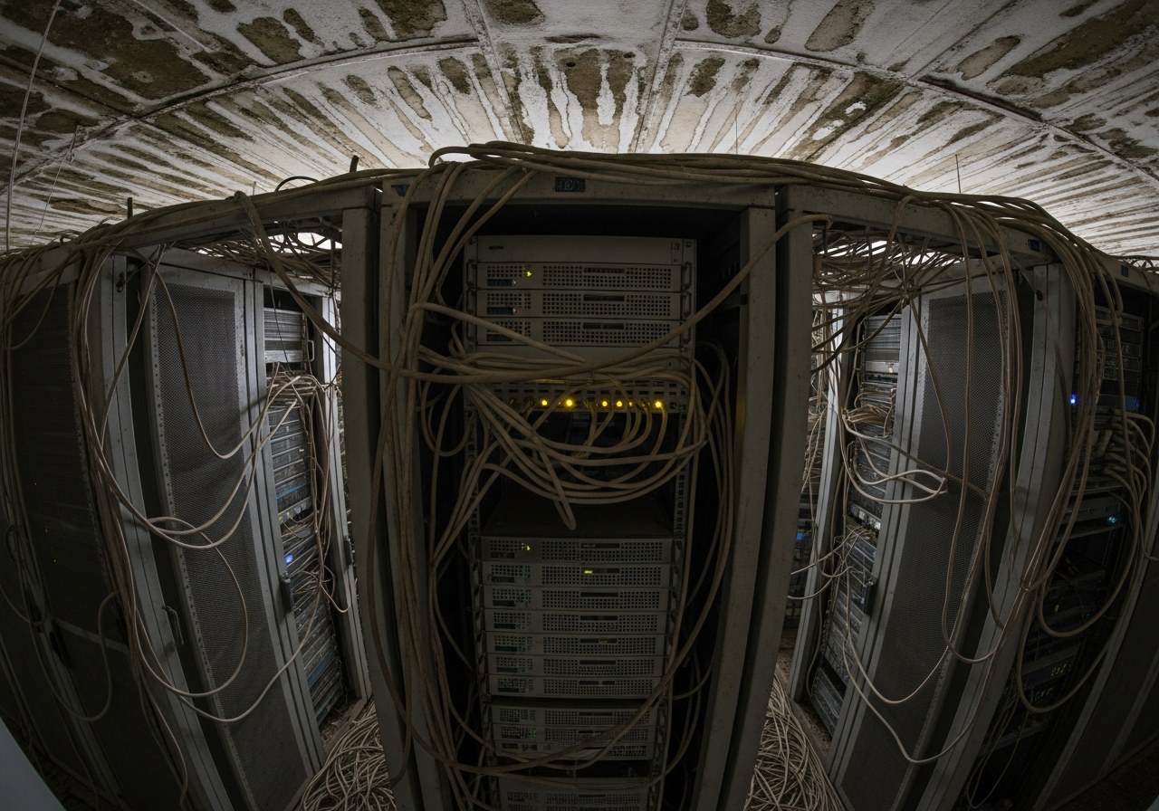 A sprawling, dilapidated server farm interior, with rows of dusty, outdated server racks connected by tangled, frayed cables. Some servers emit faint, dying indicator lights, and there are visible signs of water damage on the ceiling.