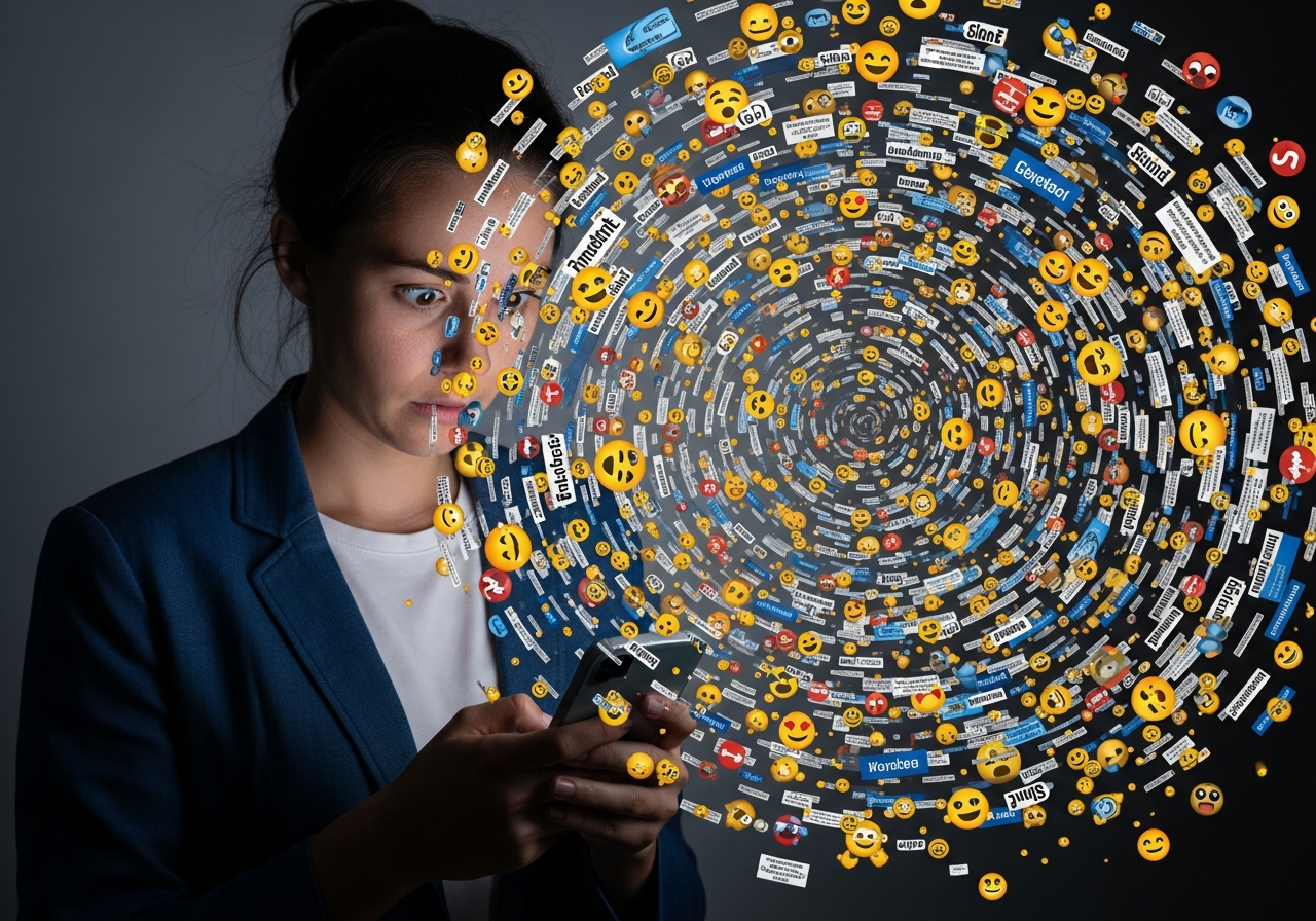 A person looking bewildered while scrolling through a news feed on a smartphone, surrounded by a chaotic, swirling vortex of disconnected headlines and emojis.