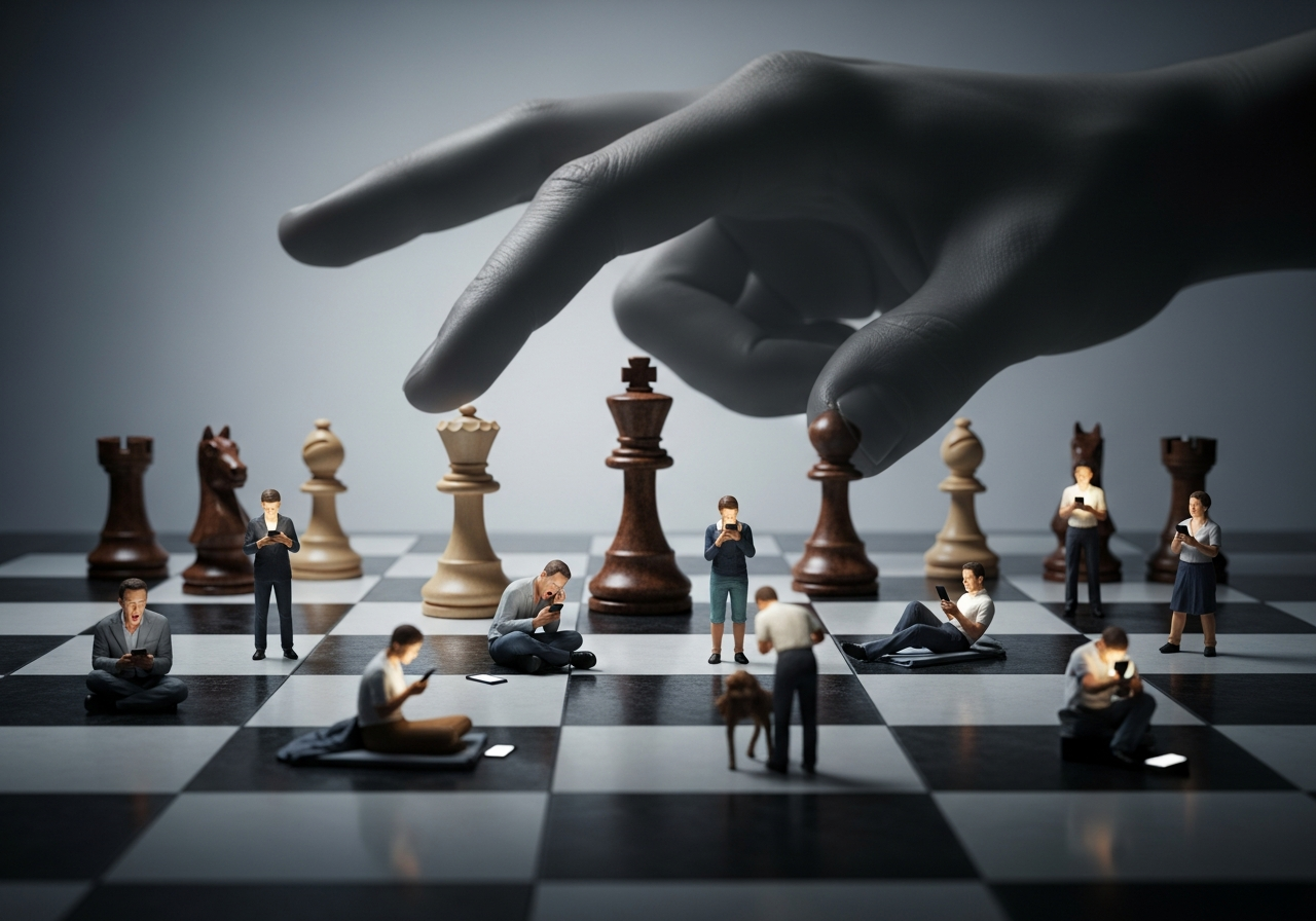 A chessboard where all the chess pieces are replaced with miniature, sleepy-looking human figures, some yawning, some scrolling on tiny phones. A giant, shadowy hand hovers over the board, subtly nudging the pieces.