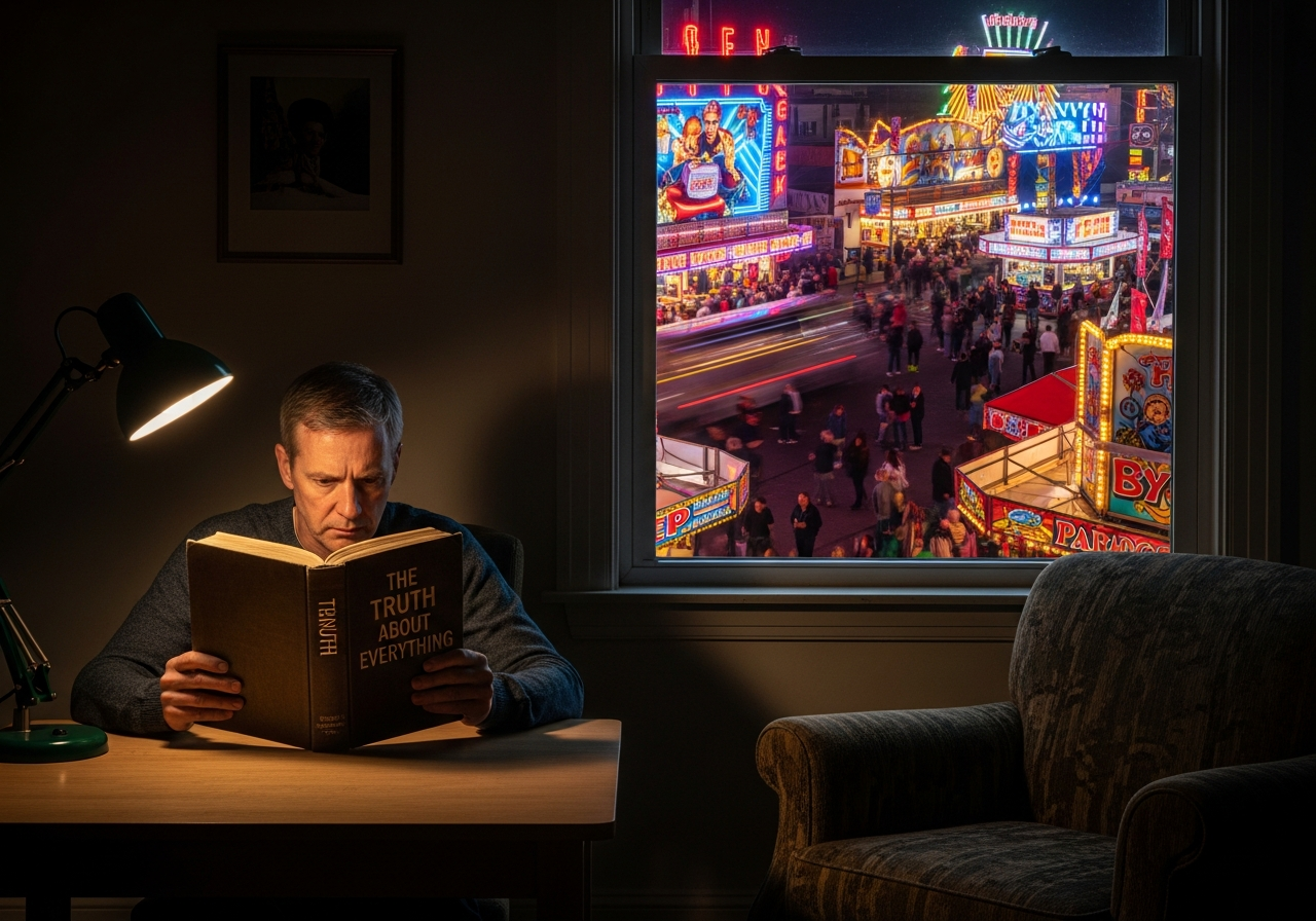 A solitary individual is attempting to read a thick, dusty book titled "The Truth About Everything" in a dimly lit room, while outside their window, a vibrant, flashing, chaotic street fair is in full swing, pulling all attention away.