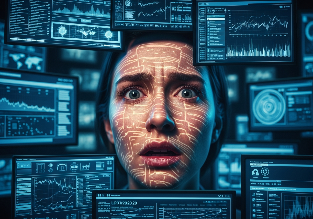 A person looking overwhelmed by multiple glowing screens surrounding them, with a confused expression, depicting information overload.