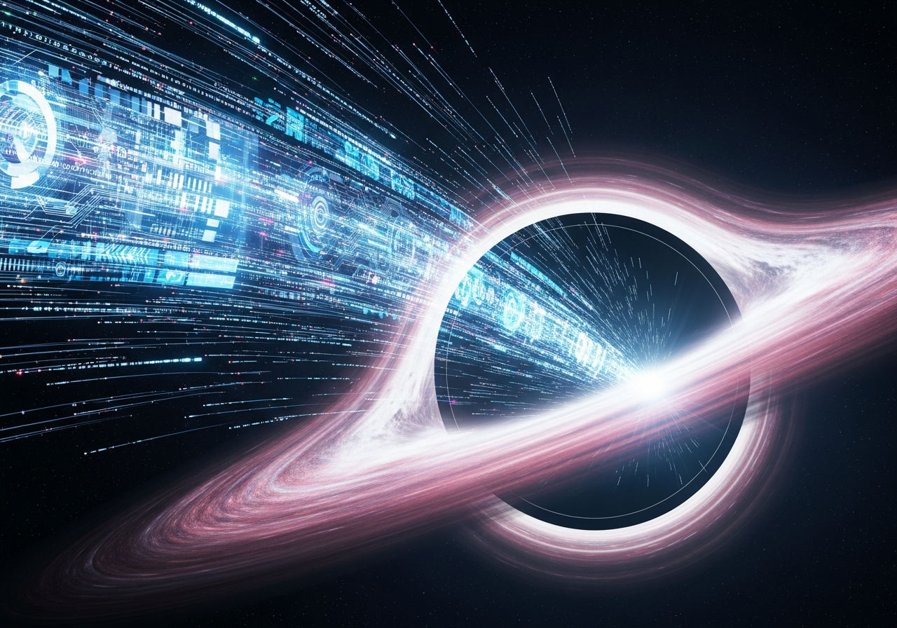 A digital data stream flowing rapidly into a black hole, representing the overwhelming amount of information disappearing into digital oblivion.