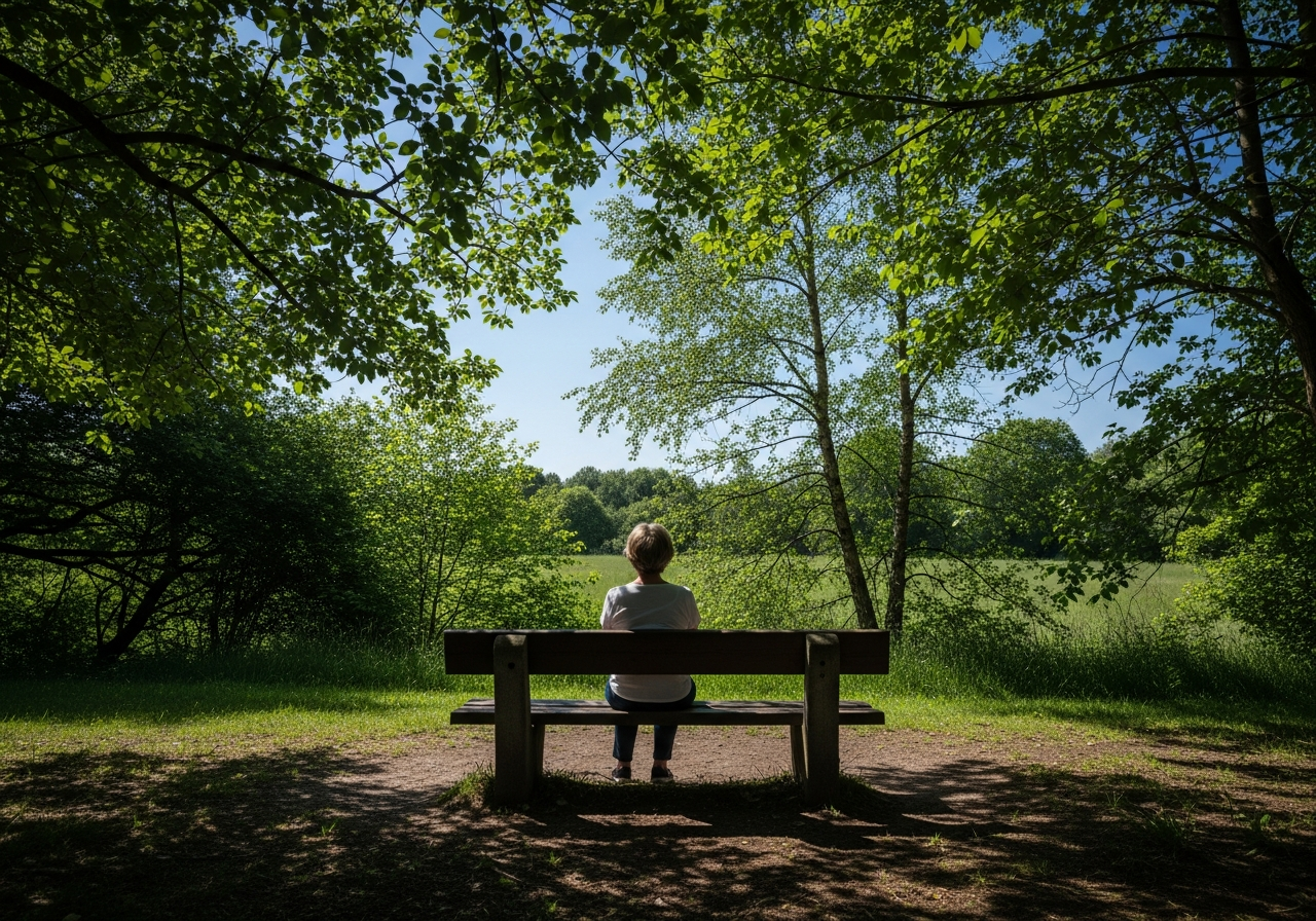 A lone person sitting on a bench in a park, looking at the sky, with no digital devices, finding a moment of peace amidst the natural surroundings.