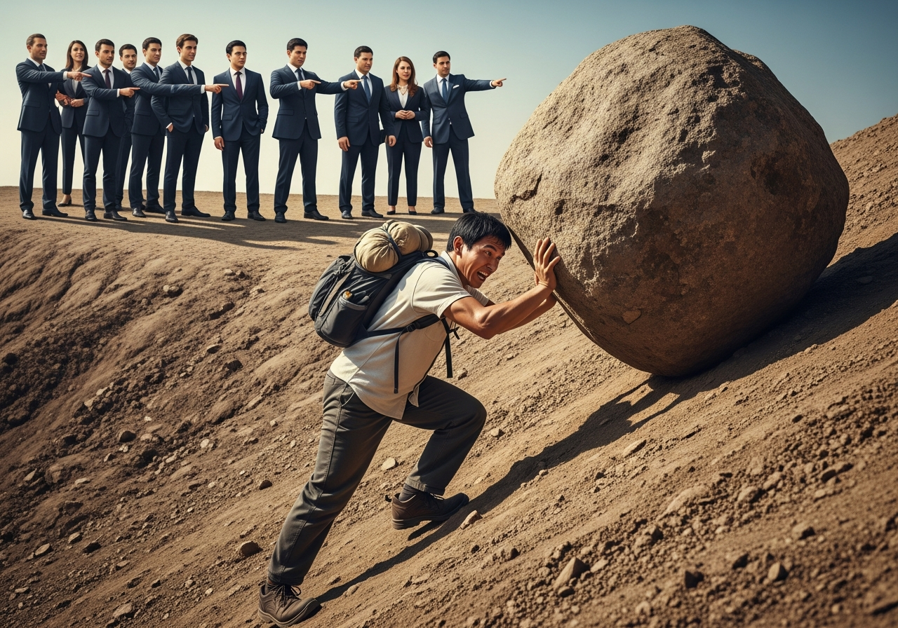 A single, exhausted person with a tiny, visibly heavy backpack trying to push a giant boulder up a steep hill, while suited figures in the background point and observe with smug expressions.