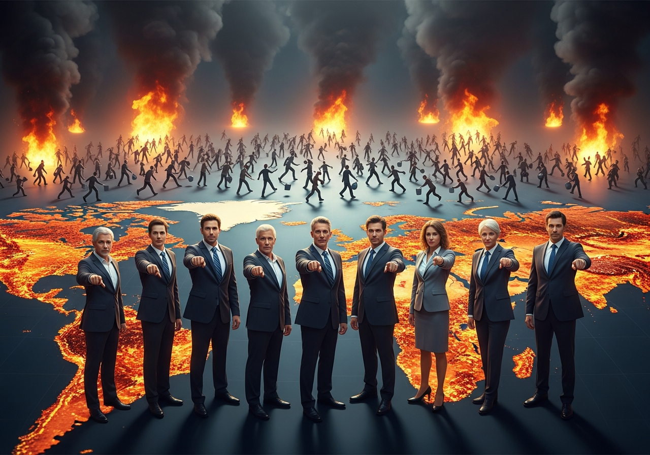A group of people in suits standing around a burning global map, pointing at individual citizens running around frantically trying to put out small fires with tiny buckets of water, while the larger flames go ignored.