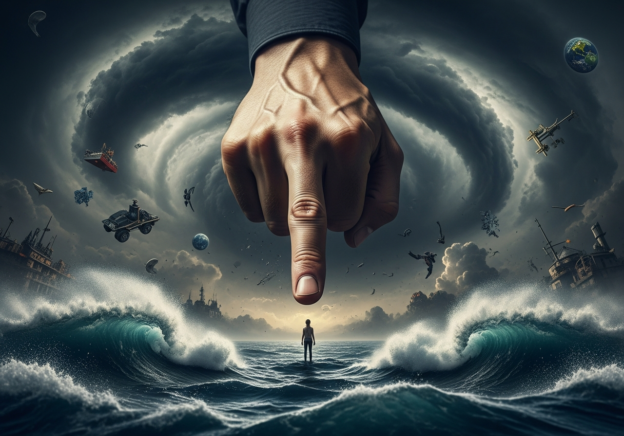 A single, oversized hand pointing accusingly at a small, beleaguered individual, who is surrounded by a multitude of complex global problems illustrated as swirling storm clouds and crashing waves.