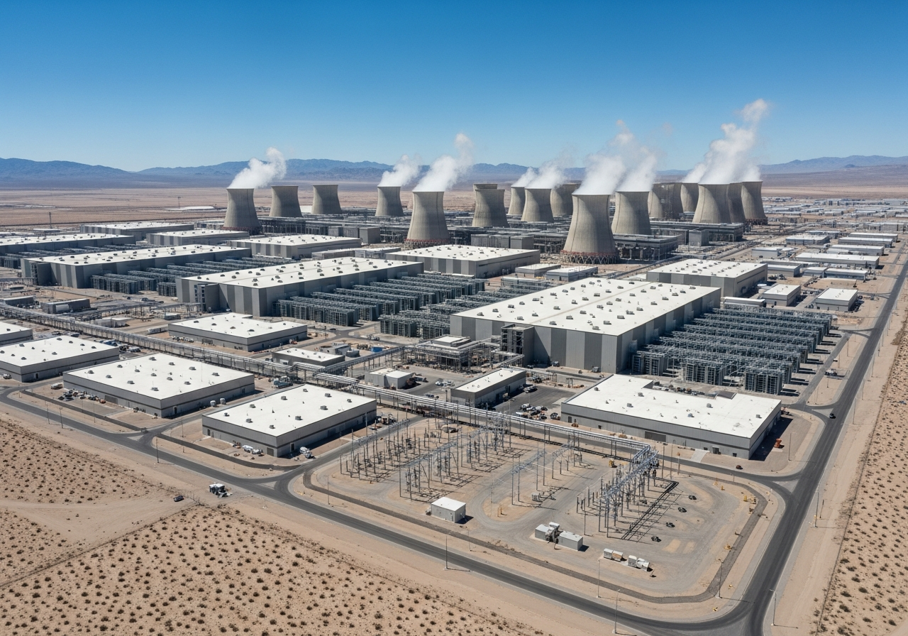 A desolate, sprawling data center campus in a desert environment, with huge cooling towers visible, under a clear blue sky.