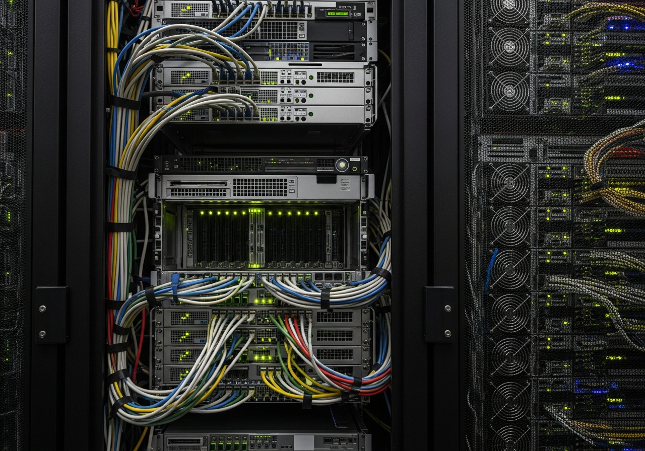 An inside view of a server rack in a data center, with blinking lights, a tangle of colorful cables, and visible cooling fans. The atmosphere looks busy and high-tech.