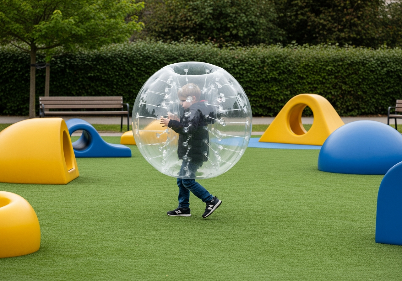 A child, perhaps 8-10 years old, wearing a full-body bubble suit, attempting to play on a perfectly manicured lawn in a sterile, modern playground. The playground equipment is soft, rounded, and brightly colored, devoid of any sharp edges or heights.