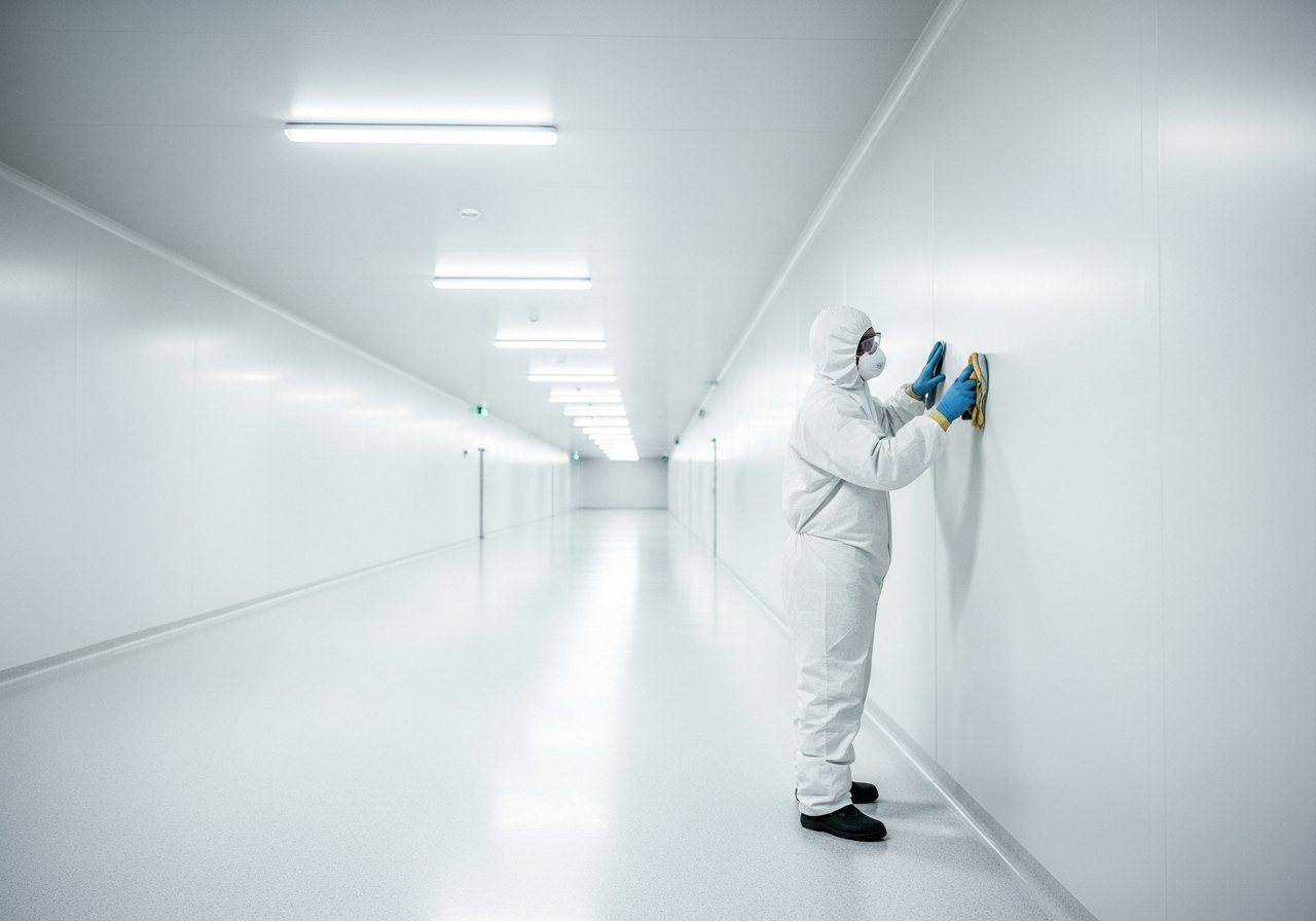 A person meticulously polishing a pristine, sterile white wall in a seemingly endless, empty corridor. The person wears a hazmat suit and gloves, emphasizing an obsessive quest for cleanliness and safety.