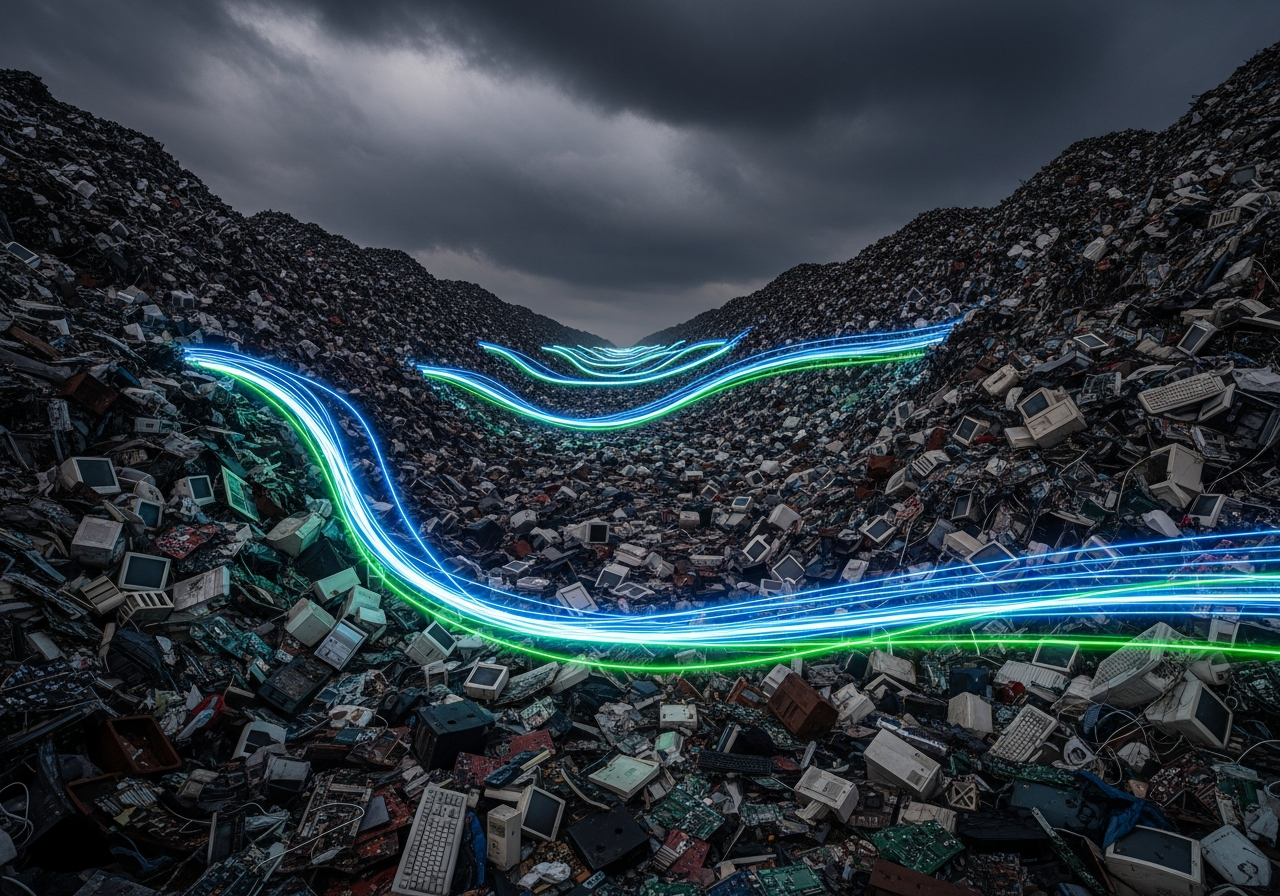 A vast, dystopian landscape filled with towering piles of obsolete electronic devices and glowing data streams, under a dark, heavy sky.