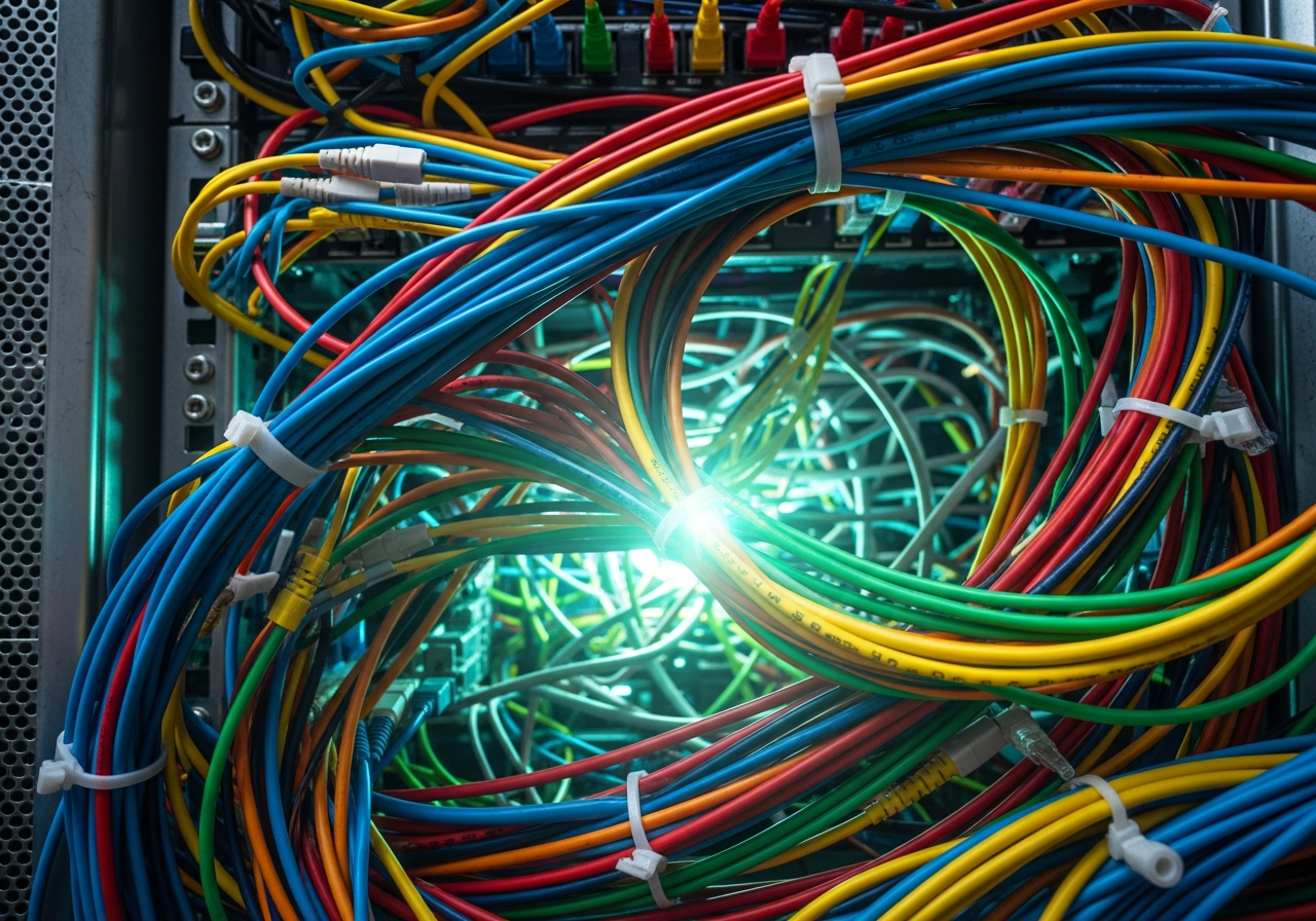 A close-up of a tangled mess of colorful network cables and server racks, with a faint glow emanating from within, symbolizing digital complexity and unseen processes.