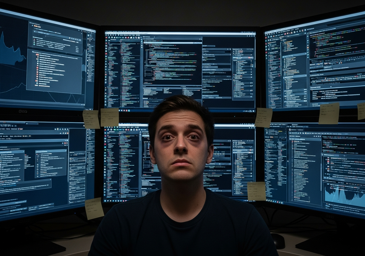A person sitting in front of multiple computer monitors, surrounded by an overwhelming amount of digital clutter displayed on screens, looking tired and slightly bewildered.