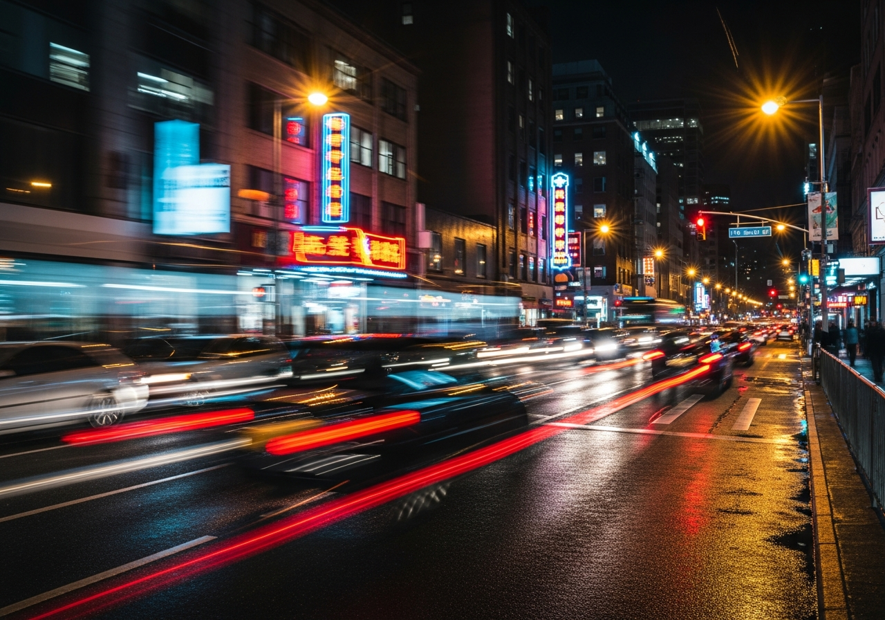 A blurry, motion-streaked photograph of a city street at night, capturing the frantic energy of speeding cars and neon lights, creating a sense of overwhelming, uncontrolled movement with no clear destination.