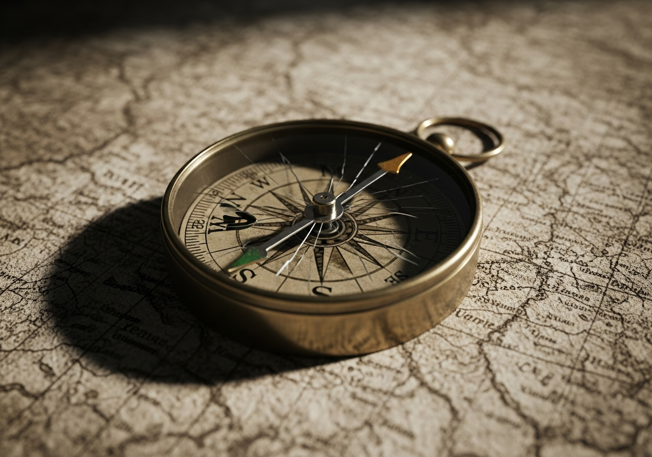 A single, ancient-looking compass with a broken needle, pointing erratically in multiple directions simultaneously, lying on a dusty, cracked map with faded, unreadable labels, symbolizing lost direction and a futile search for guidance.