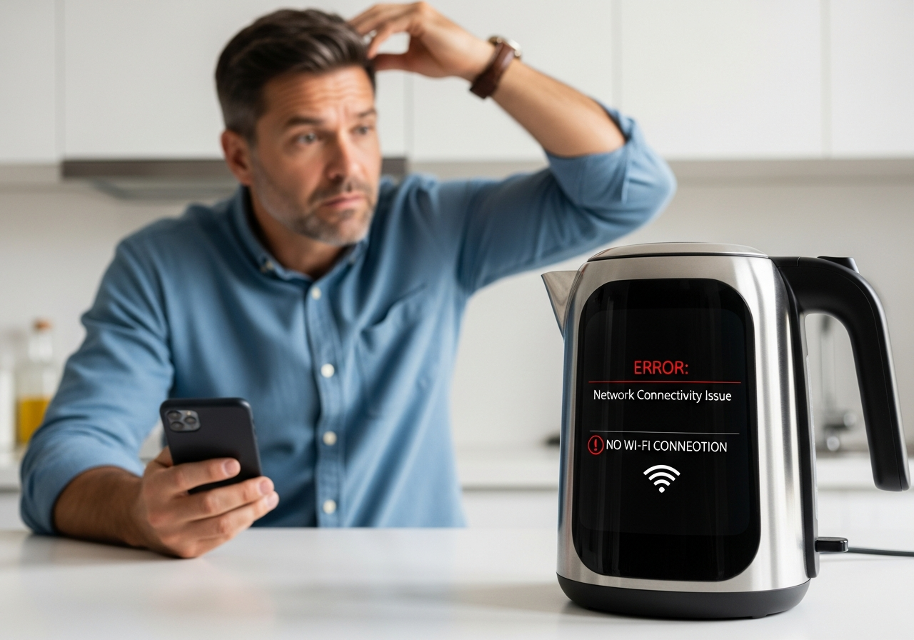 A frustrated man in front of a smart kettle, holding his phone with a confused expression, while the kettle's screen displays an error message about network connectivity.