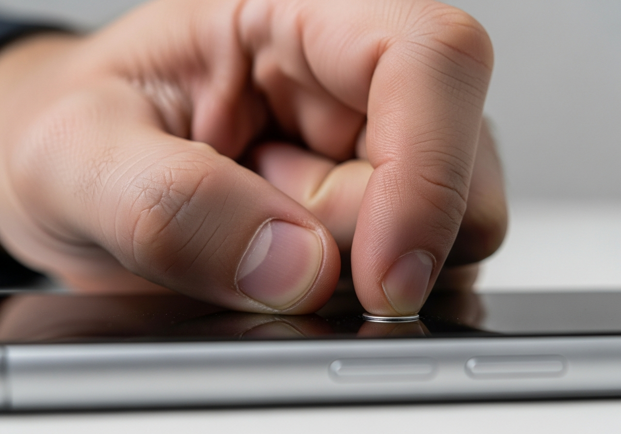 A close-up of a human hand struggling to press a tiny, unresponsive physical button on a smart device, symbolizing the frustration of over-engineered simplicity.