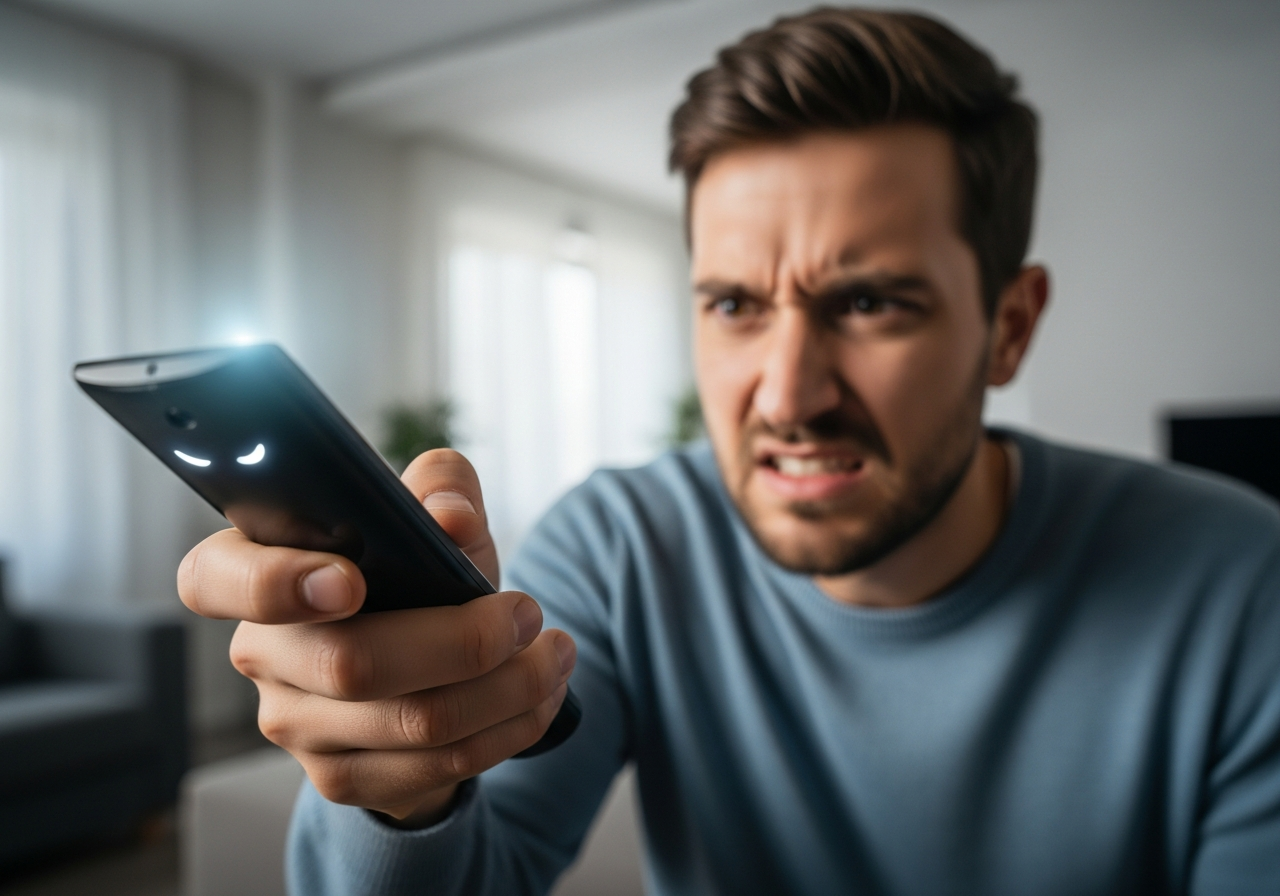 A frustrated man is looking at his smart TV remote control, which appears to be glowing faintly with a subtle, mischievous digital light, suggesting it's controlled by an unseen force rather than him. His face shows a mix of confusion and anger.