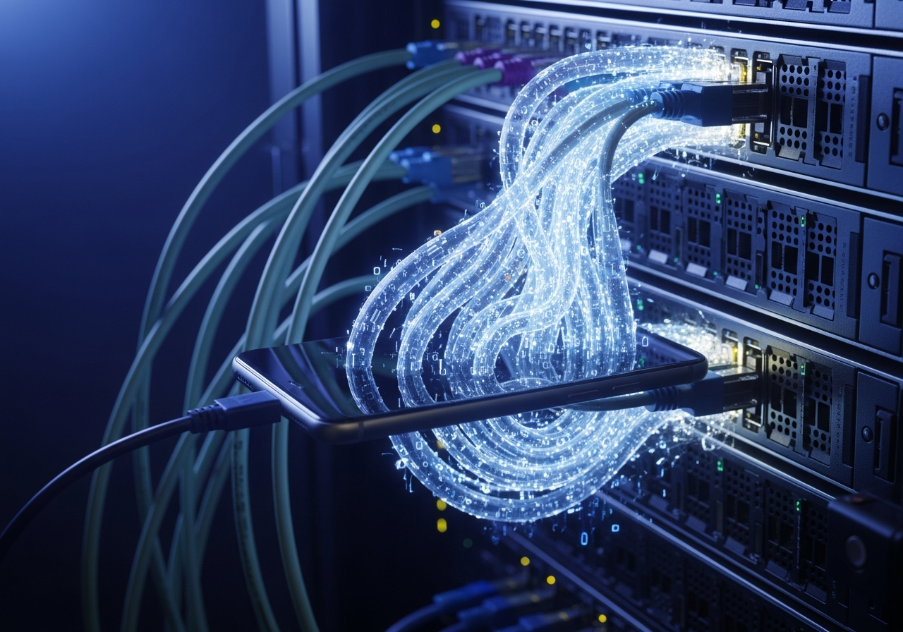 A stylized depiction of a smartphone plugged into a server rack with invisible digital tentacles extending from the server, wrapping around the phone, suggesting a transfer of control.