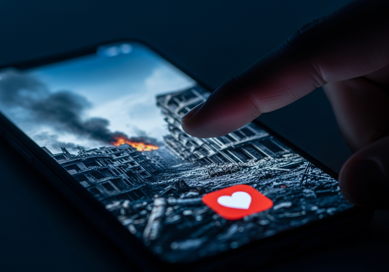 A close-up shot of a smartphone screen reflecting a war-torn city, with a person's slightly out-of-focus finger hovering over a 'heart' emoji button, illuminated by the cold blue light of the screen.